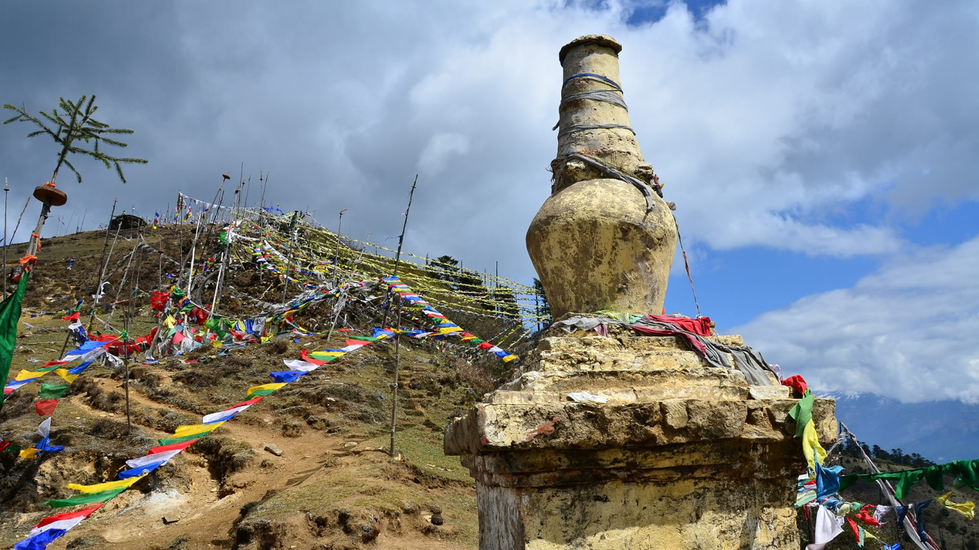 Gebetsfahnen in Bhutan auf dem Laya Trek