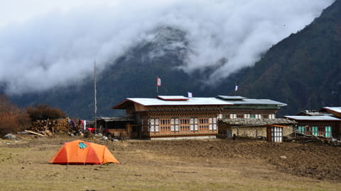 Trekking camp in the mountain village of Laya